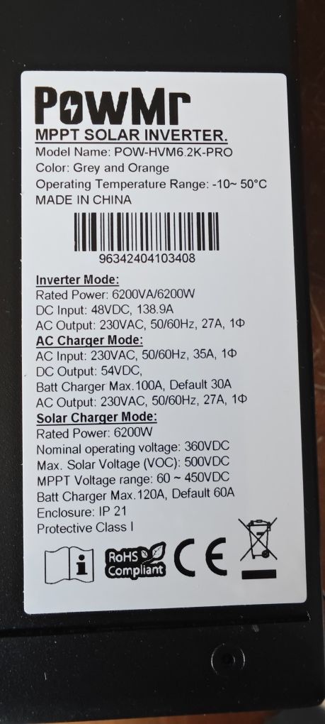 Inwerter falownik off Grid 6,2kW/48VDC, PV450VDC