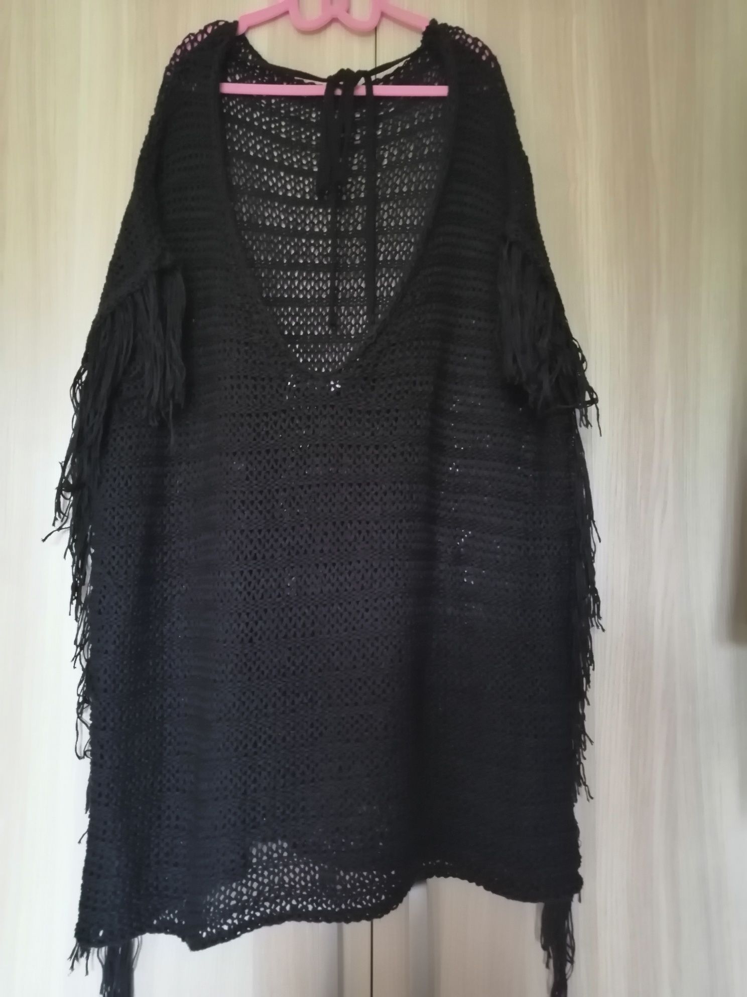 Narzutka dziergana oversize Zara S frędzle nietoperzowa