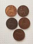 Moedas de 1 Farthing 1916, 1918, 1925, 1928 e 1939 Inglaterra