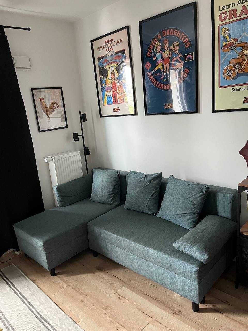 IKEA Angsta turkusowa sofa 3-osobowa rozkładana z szezlongiem IDEALNA