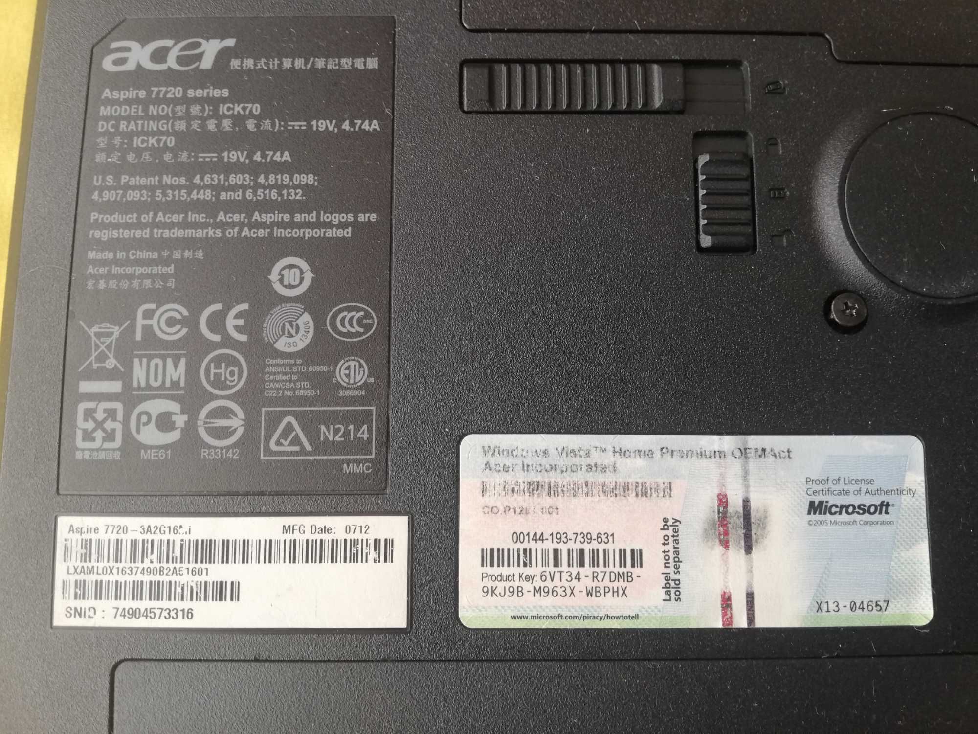 Laptop Acer Aspire 7720 ICK70 uszkodzony na części