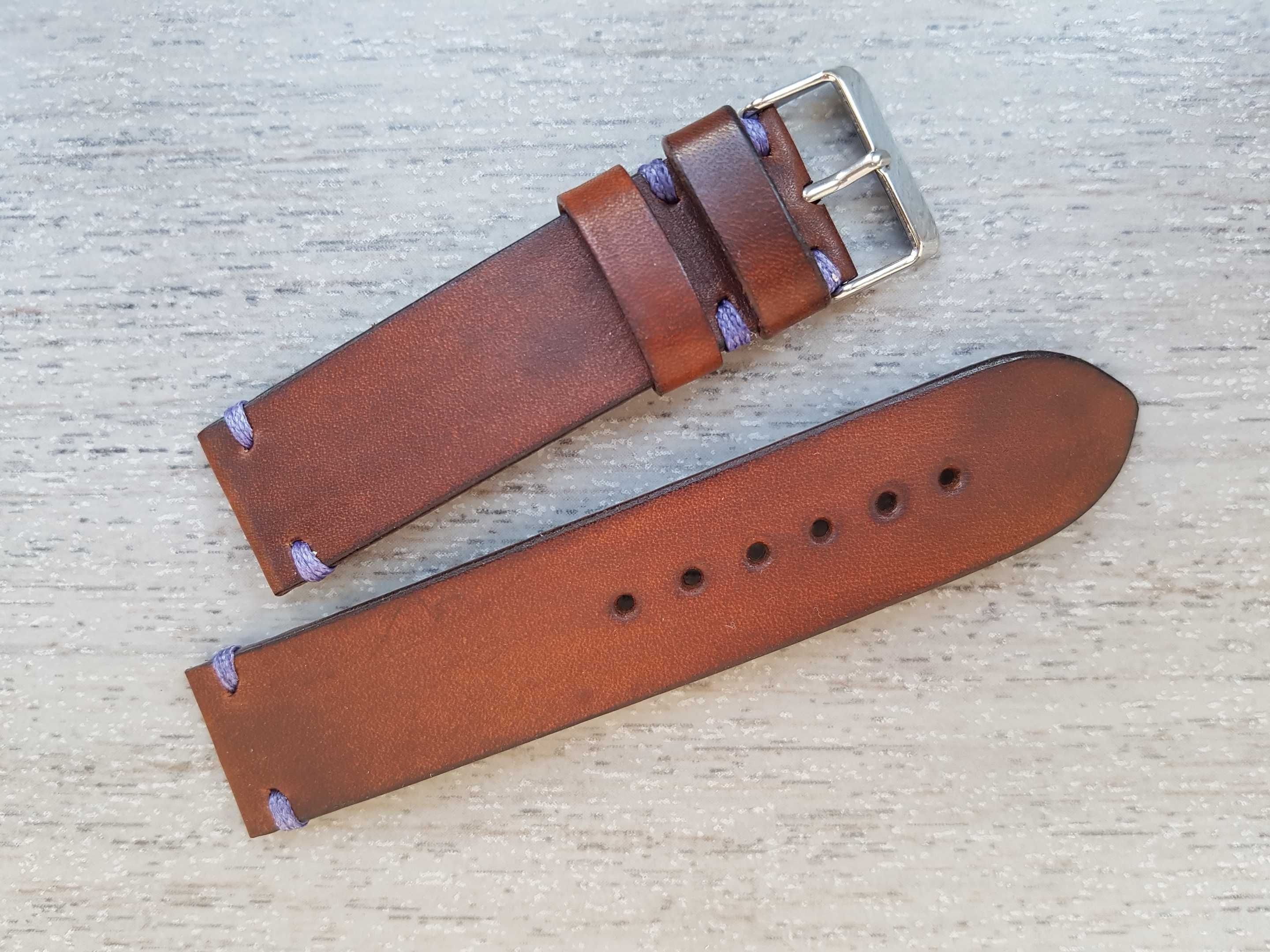 Skórzany pasek zegarka 22 mm lawendowe przeszycia