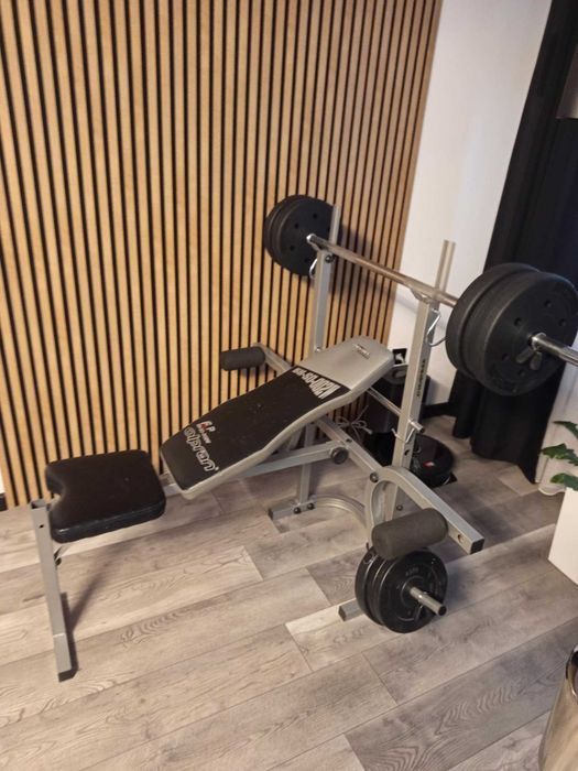 Ławka treningowa, sztanga + obciążenia