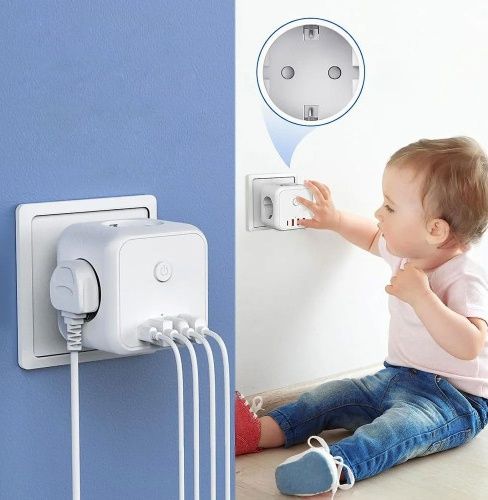 Безопасный тройник 3 гнезда, 220V, 3 USB-A / 1 Type-C, c заземлением
