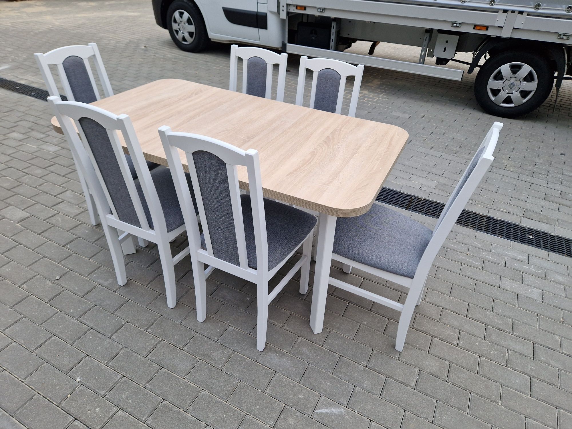 Nowe: Stół 80x140/180 + 6 krzeseł, biały/sonoma + szary, dostawa PL