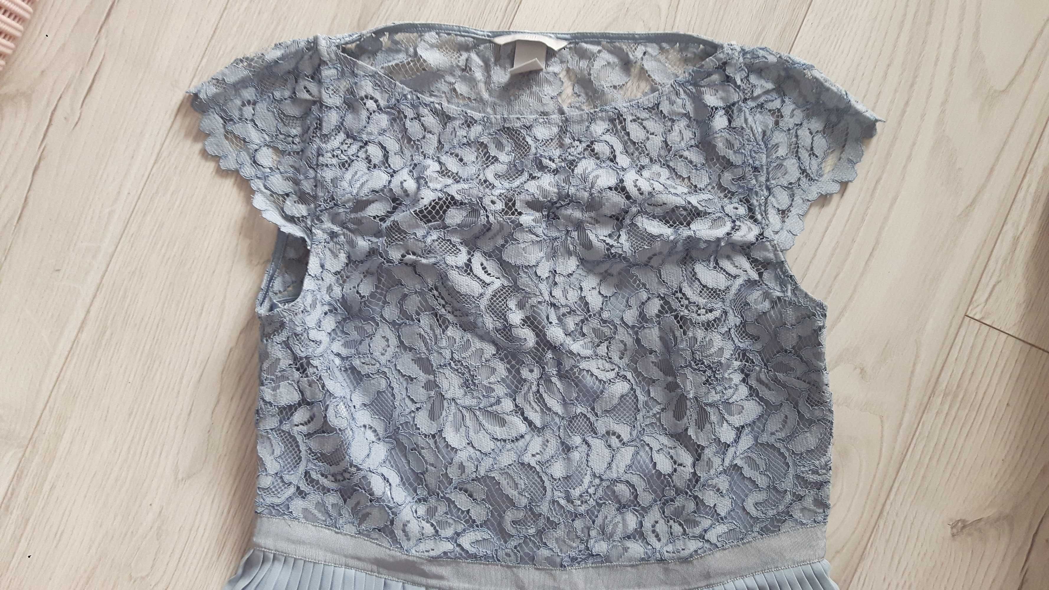 Sukienka nowa H&M koronkowo plisowana błękitna/gołębia, r. M