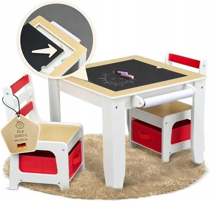 Zestaw mebli dla dzieci: stolik + 2 krzesła | Tablica + schowek