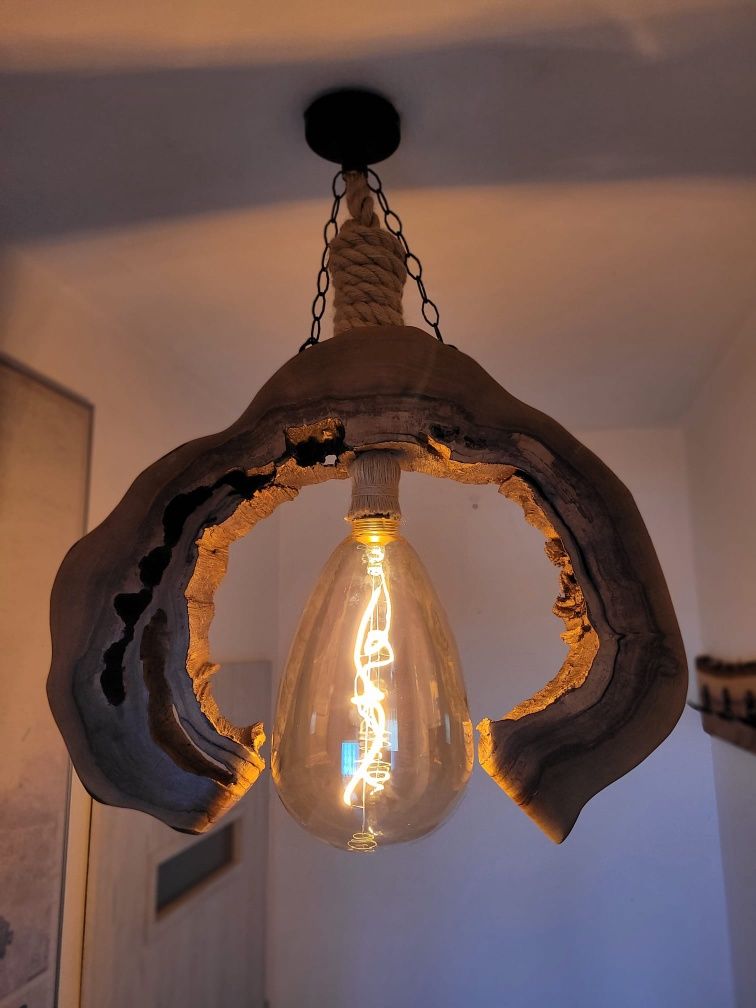 Lampa wisząca orzech włoski handmade Loft sznur jutowy