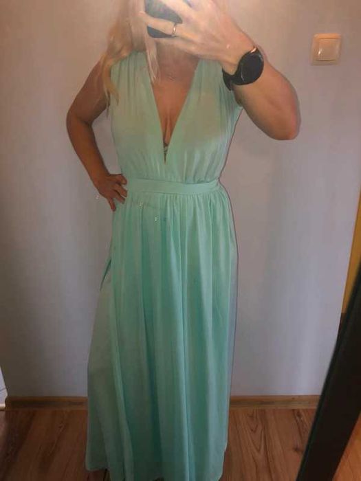 Miętowa długa sukienka 34/36 wieczorowa