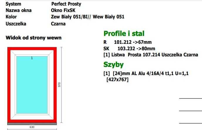 Okno PVC, profil Veka Perfect 70, 630x970, stałe szklenie, białe