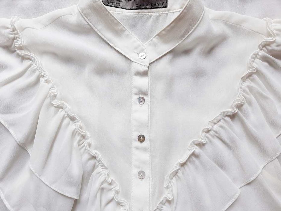 Bluzka Zara w stylu boho, kremowa, z falbanami, koszula ecru