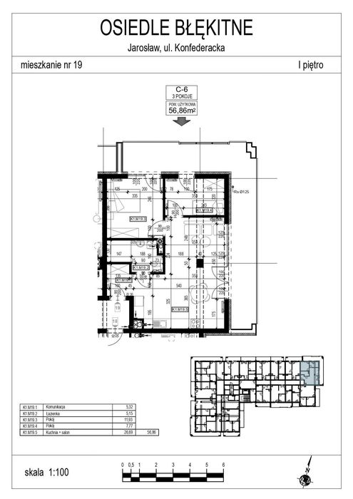 Mieszkanie 56,86 m2 oś. Błękitne blok C M19 stan deweloperski