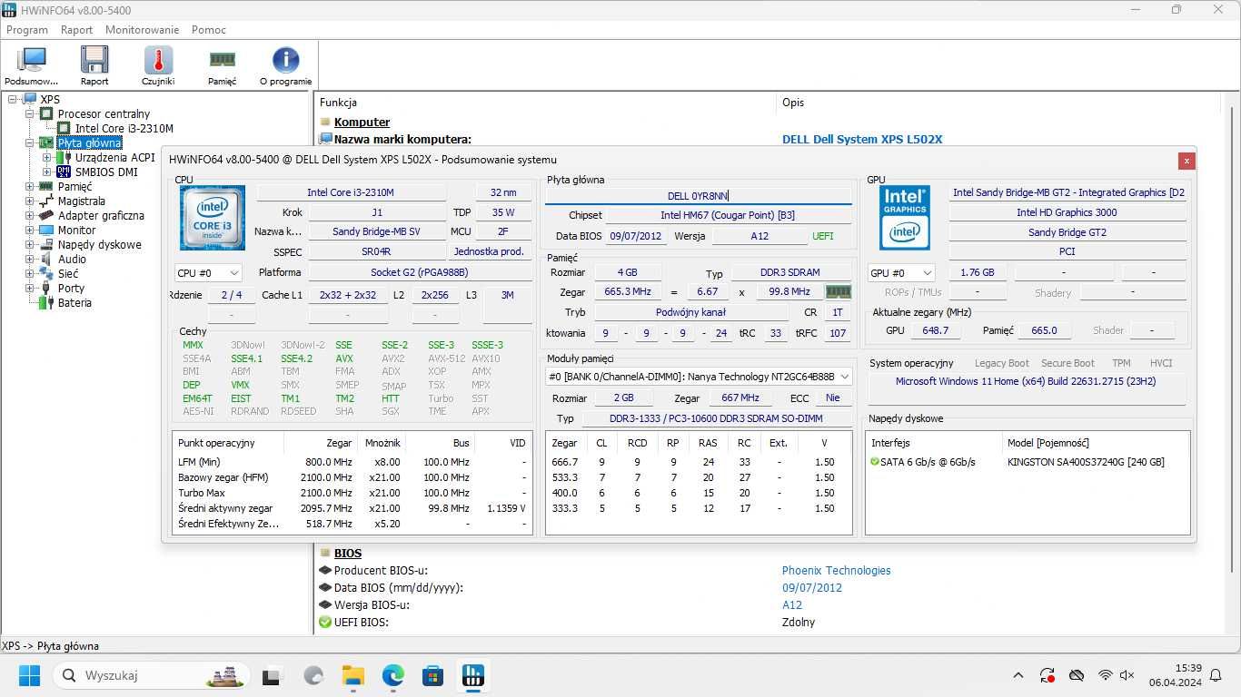 Płyta główna Dell l502x GT525M i3-2310M 4GB RAM WiFi 0YR8NN stan BDB