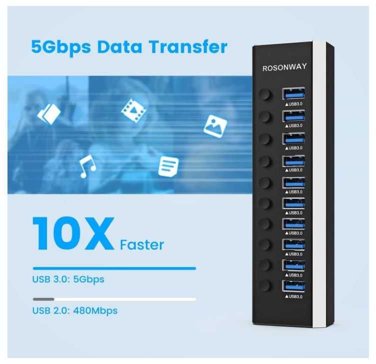 Hub USB 10 portów z wyłącznikiem każdego portu RSHTECH USB 3.0