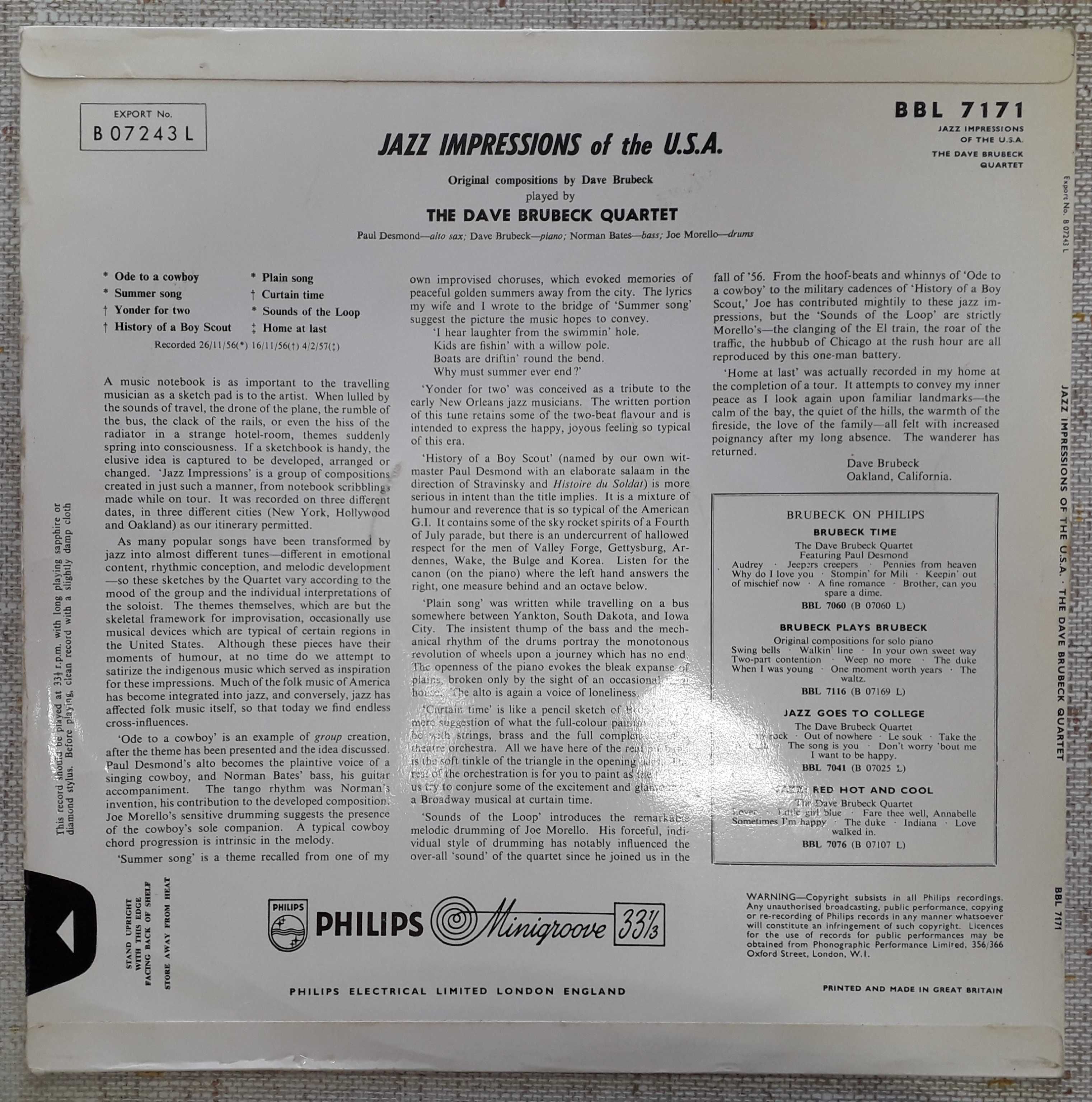 The Dave Brubeck Quartet disco de vinil "Jazz Impressions of the USA "