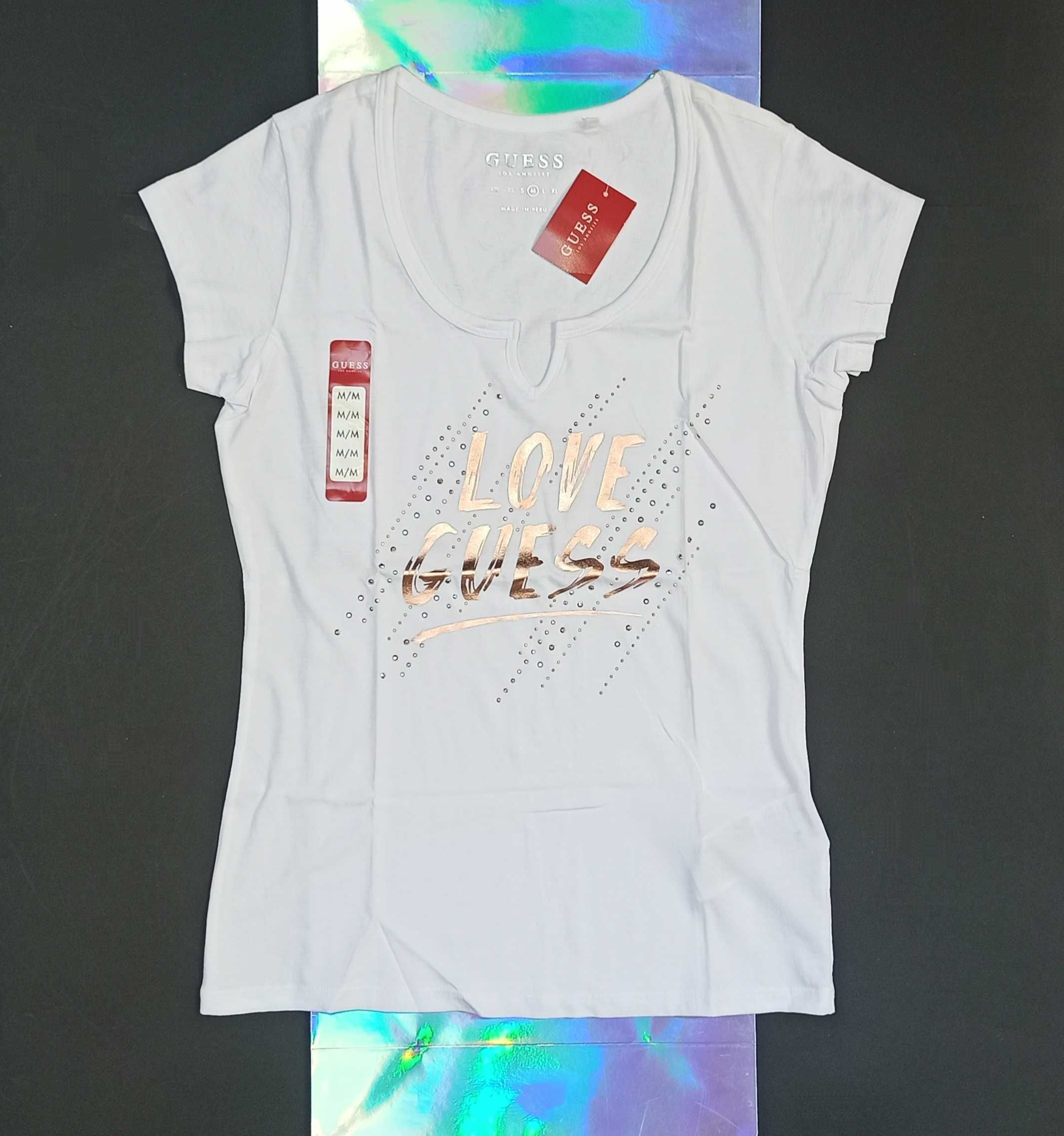 LOVE GUESS Oryginalna! Damska Koszulka Bluzka T-Shirt Biala Zlota