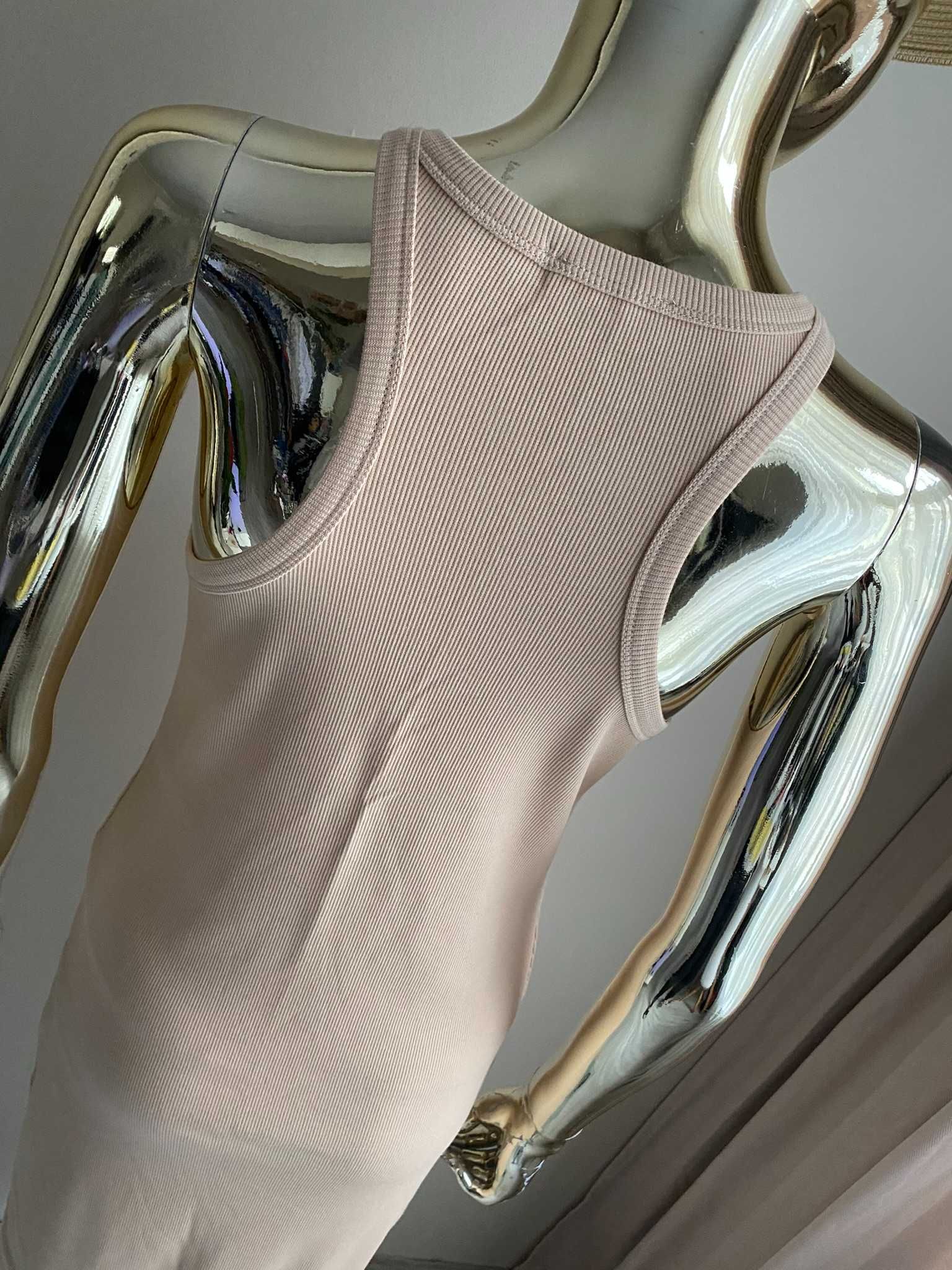 Ciocco nowa sukienka prążek z broszką róża 3D beżowa S-M-L
