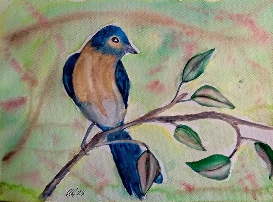 Aguarela pintada a mão " O pássaro da primavera "