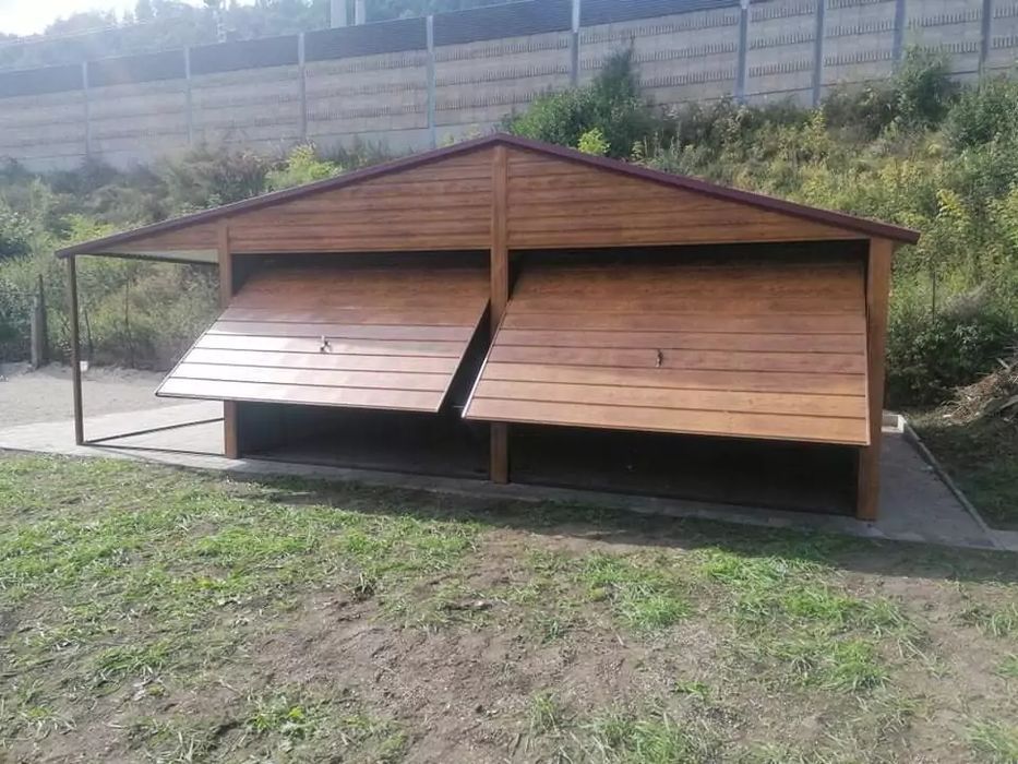 Garaż dwustanowiskowy 6x5 m wiata 1 m - Dach dwuspadowy, Brama uchylna