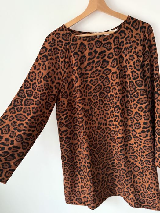 Panterkowa sukienka szerokie rękawy H&M 40 L brązowa do kolana pantera