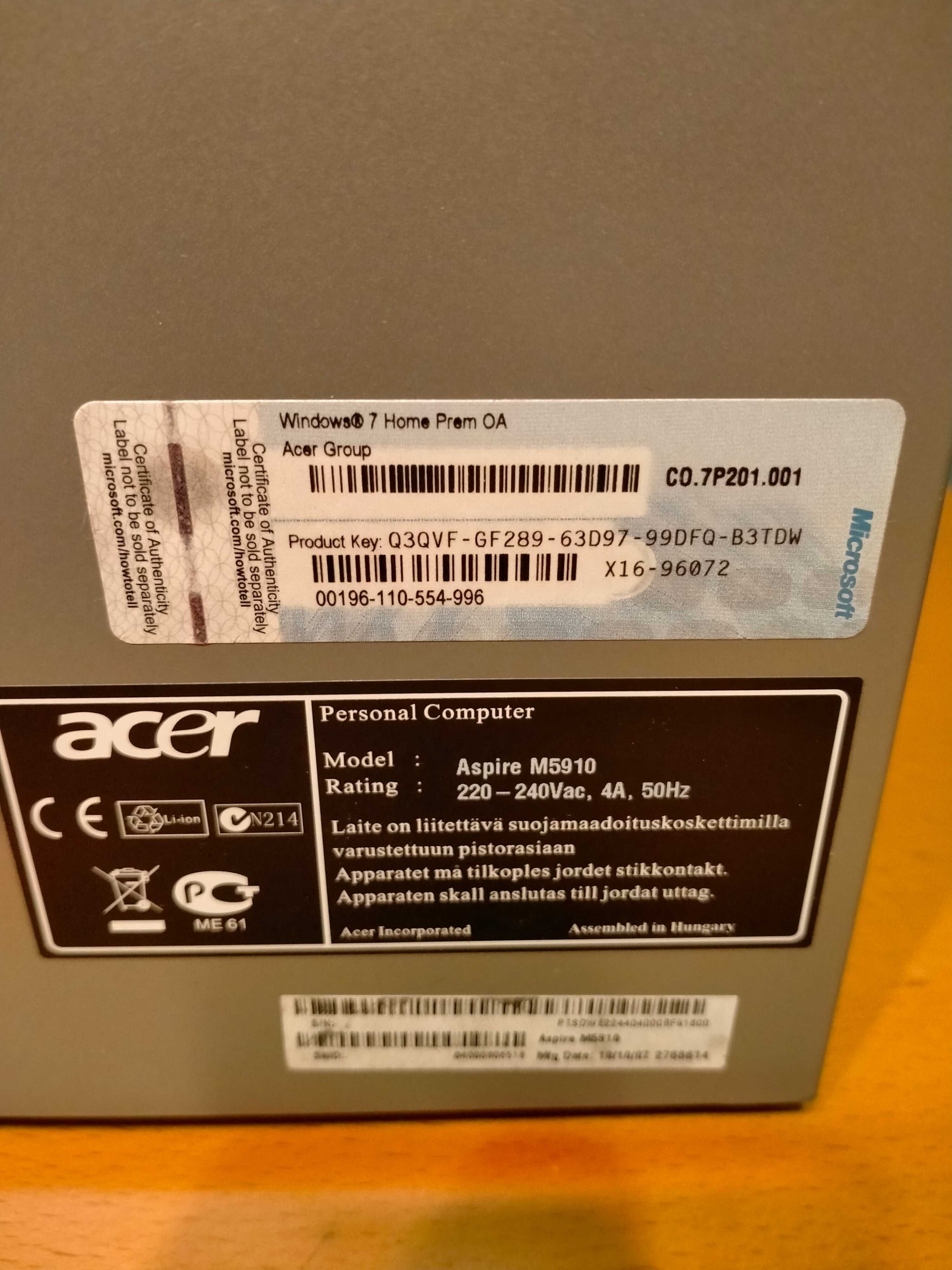 obudowa ACER M5910 plus płyta główna, DVD R/W i zasilacz