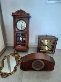 Stary drewniany zegar wiszący kominkowy lustro rokoko PRL antyk retro