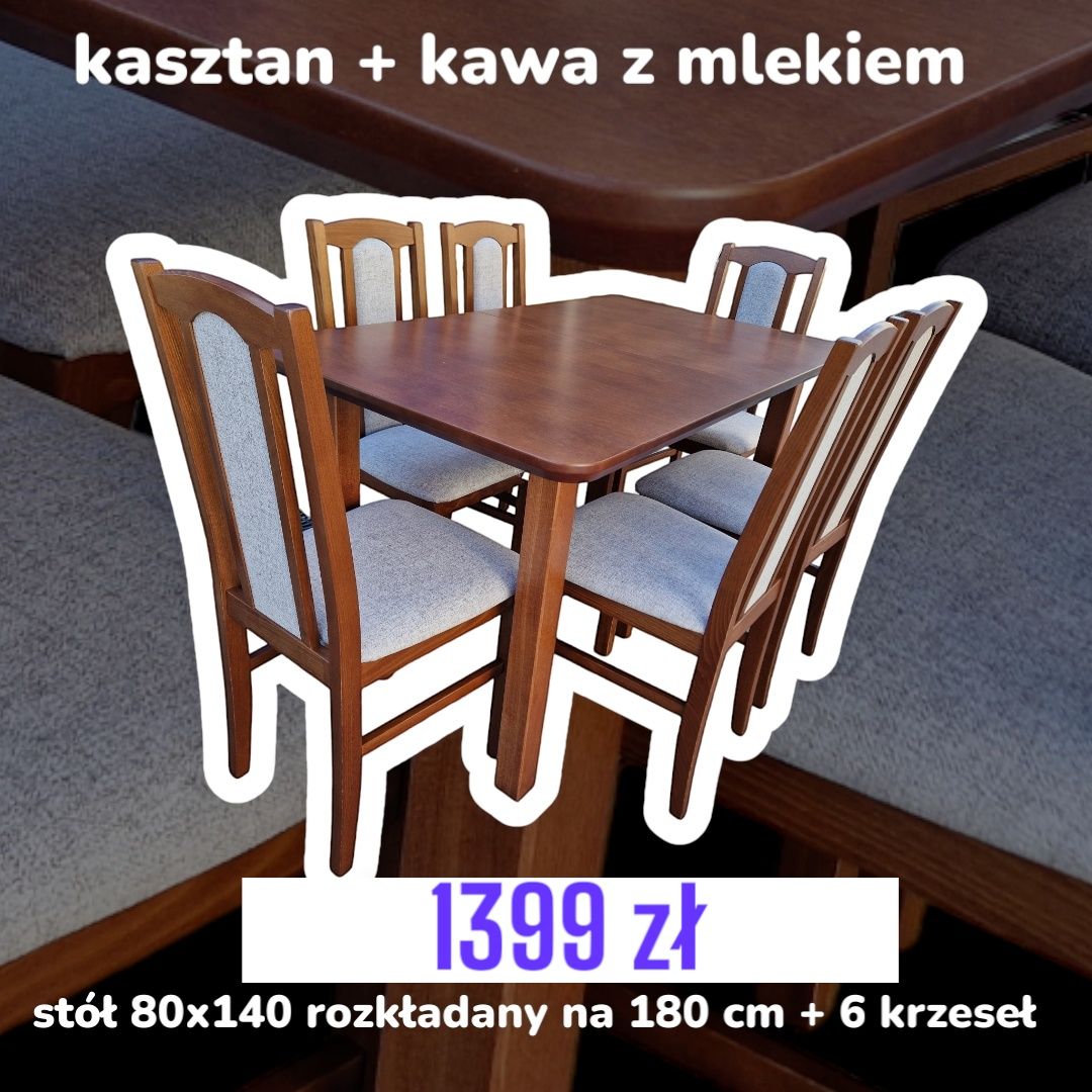 Nowe: Stół rozkładany + 6 krzeseł, orzech + szary, dostawa PL, NOWE