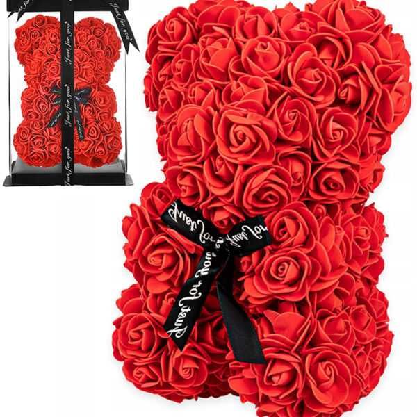 Różany Miś z róż XXL Wieczna róża 25cm płatki róż PREZENT DZIEŃ KOBIET