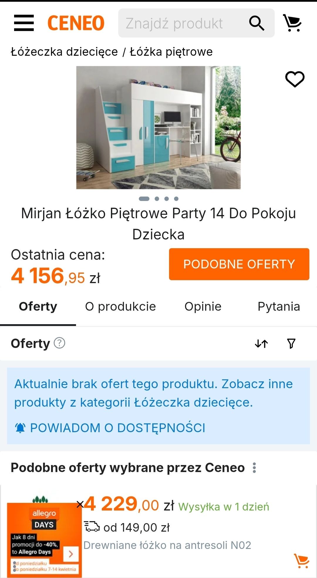 Meble dziecięce Mirjan Antresola łóżko piętrowe biurko , szafa .