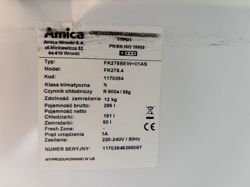 Lodówka Amica FK278.4 zamrażalnik, pojemna, oszczedna A+, dobry stan