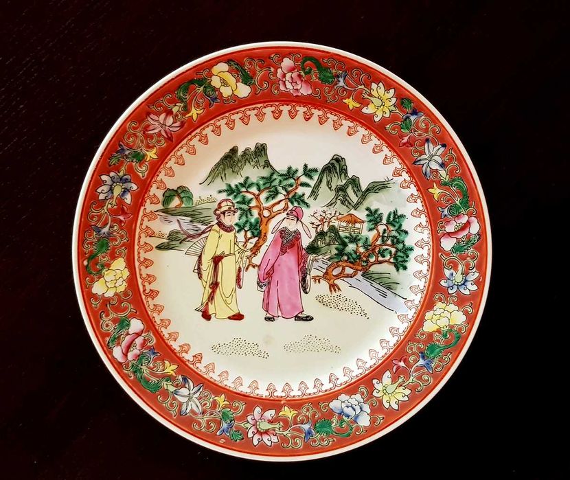 Prato porcelana chinesa família rosa cena tradicional montanhas 26cm
