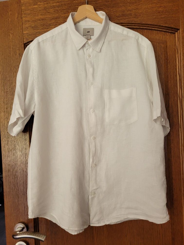 Koszula biała, 100% len, H&M, krótki rękaw, rozmiar L