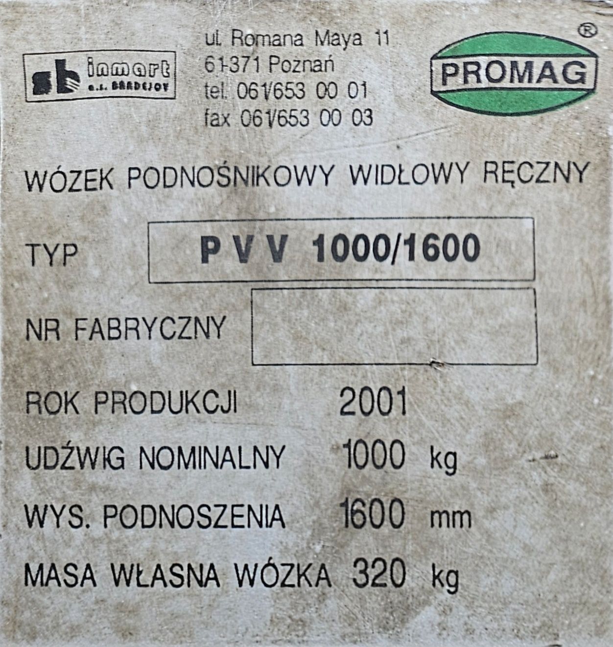 Promag PVV 1000/1600 wózek podnośnikowy masztowy paleciak