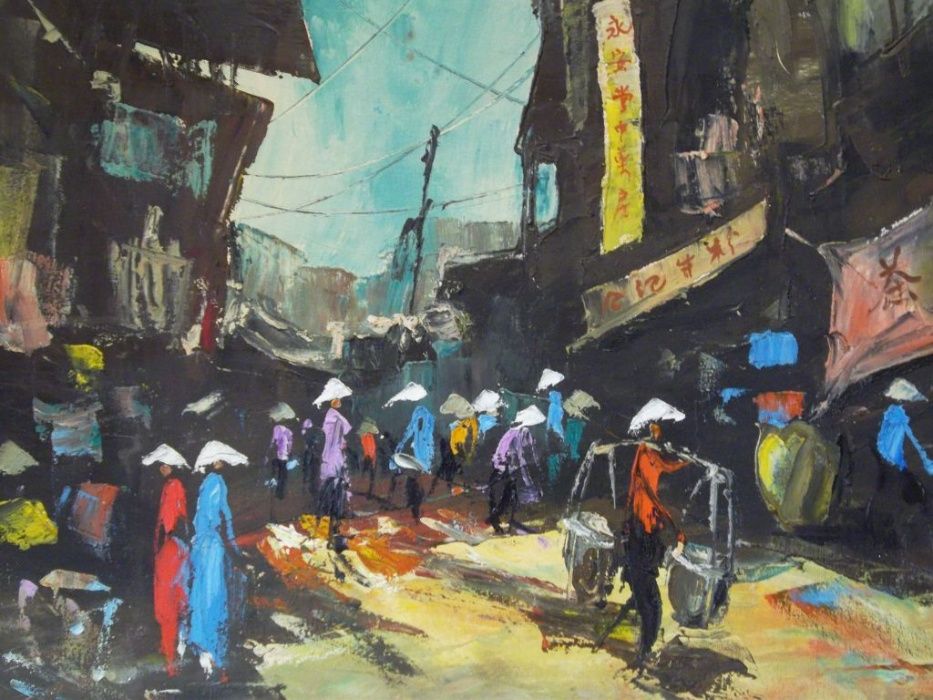 velha pintura vietnamita em óleo sobre tela - assinada MINH-danificada