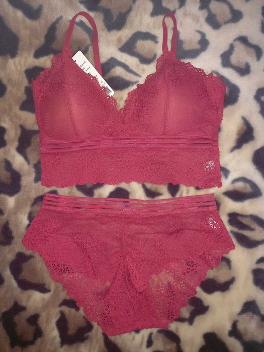 Комплект білизни з мережива, топ, трусики, мереживо, В-С, М-L, бордо