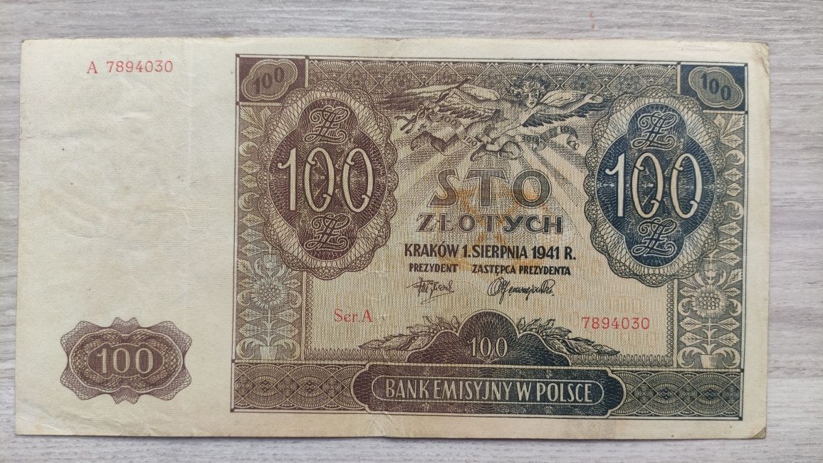 Banknot 100złotych 1941 seria A ładny