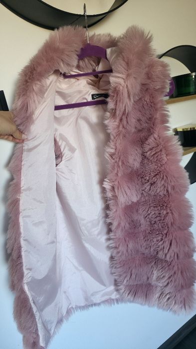 Różowy damski Bezrękawnik kamizelka futerko miś queen close gruby