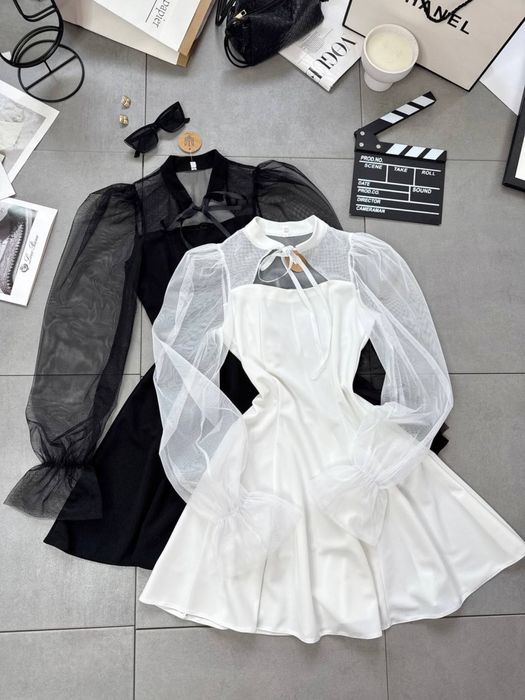 Сукня жіноча із прозорими рукавами чорна та біла