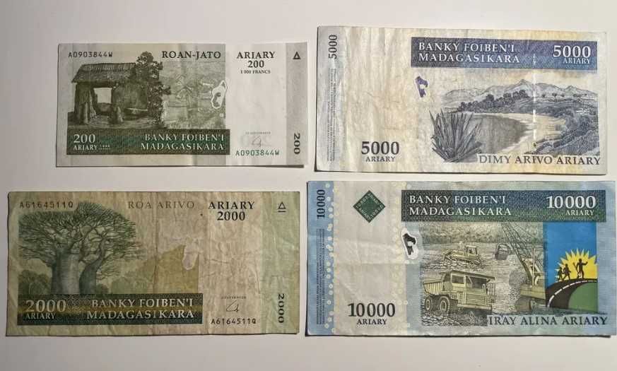 Banknoty Madagaskar 1000, 2000, 5000, 10000 ariary