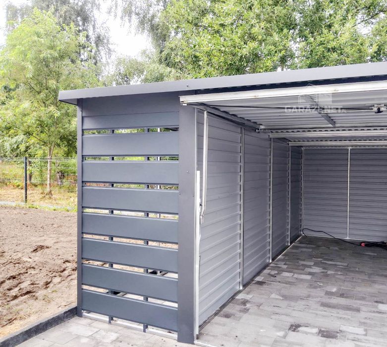 GARAŻ BLASZANY 3M X 5M + Wiata 1m Brama Uchylna Rynny Antracyt GB312