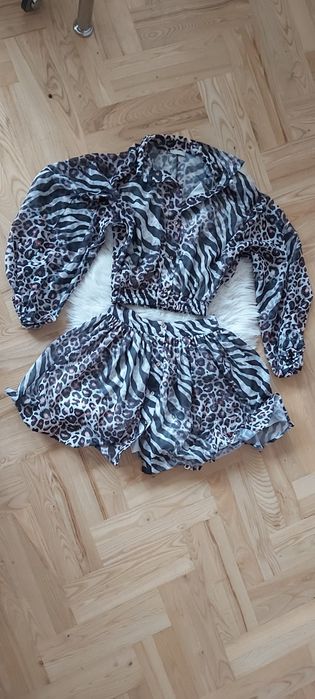 Komplet la diva panterka zebra szyfon spódnica koszula bluzka krótka