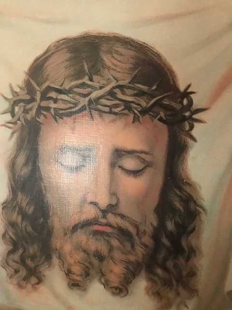 Moldura com rosto de Cristo pintado m estampa plastificada