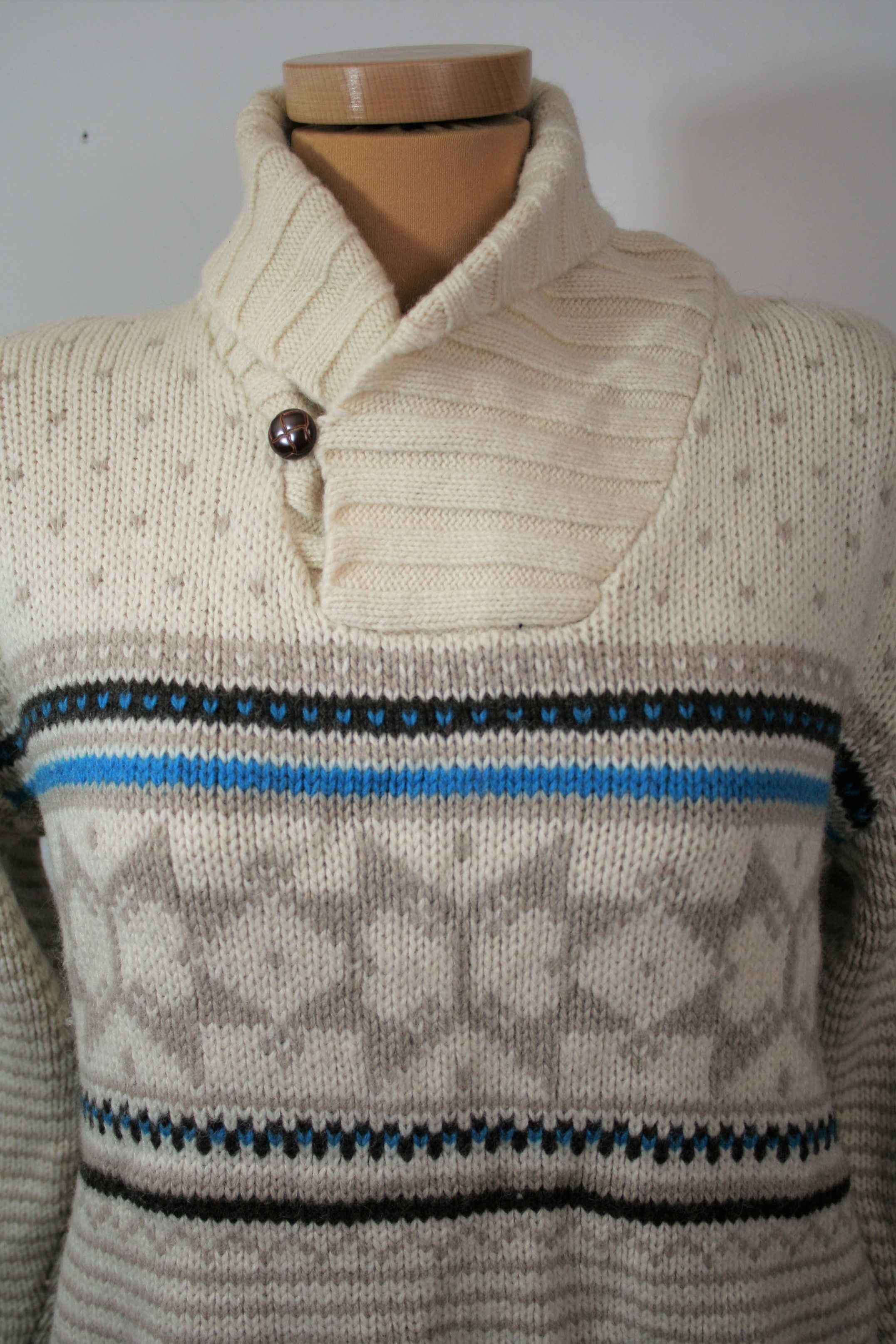 Beżowo-niebieski sweter, *Poco Loco* 100% wełniany sweter, Retro Rz. M