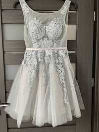 Sukienka na wesele Princeska biała koronka szara rozmiar 36