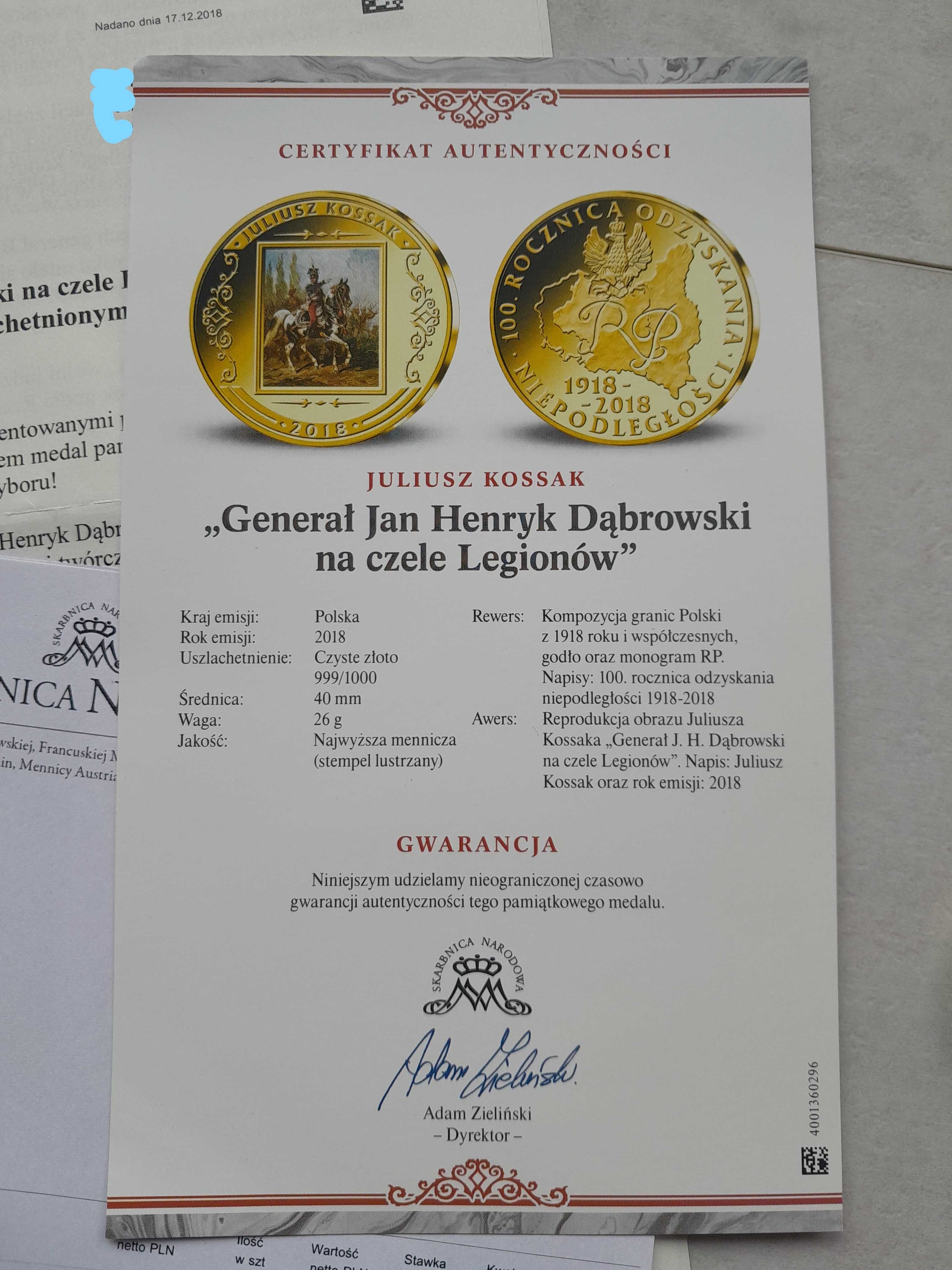 Medal Juliusz Kossak Gen. Dąbrowski na czele legionów 2018 pozłacany