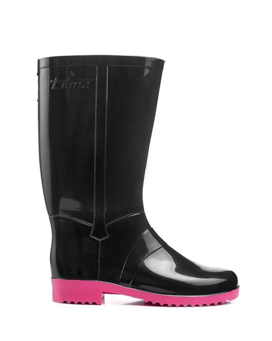 Жіночі гумові чоботи. Чорні/рожева підошва