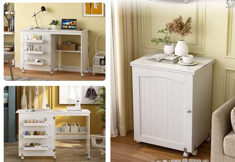 Mesa de costura ou secretária branca extensível com arrumação e rodas