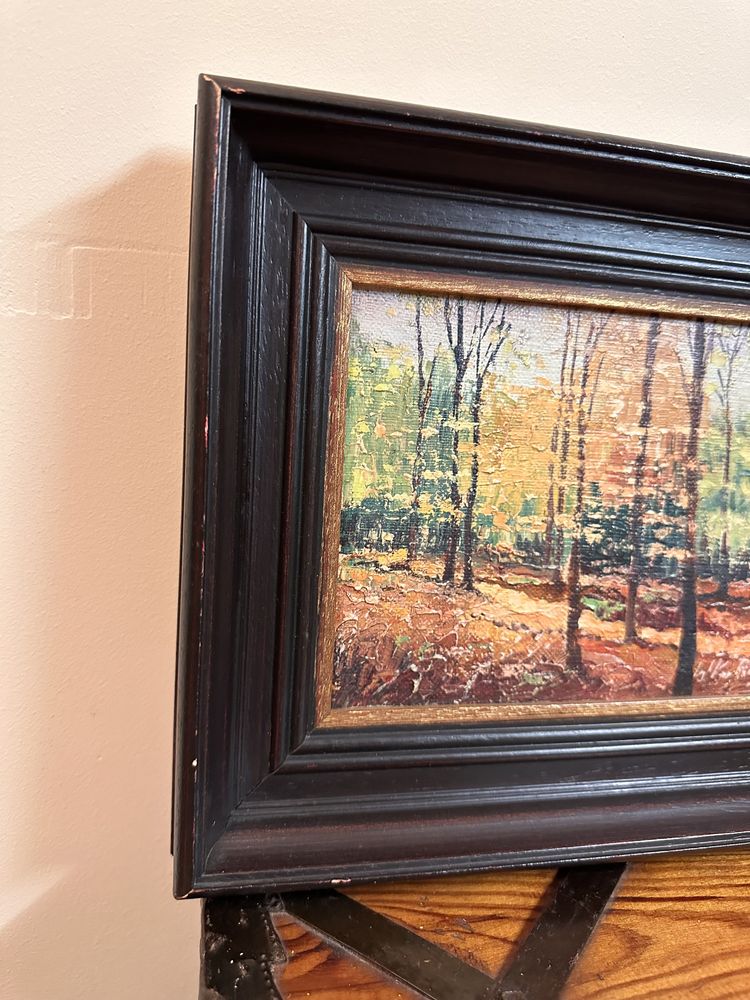 Obraz Maly mini obrazek ręcznie malowany las widok drewniana rama 43