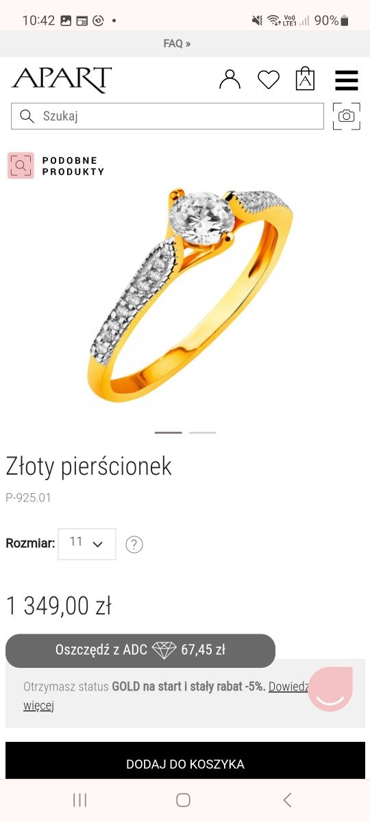 Złoty pierscionek z cyrkoniami Apart 333
