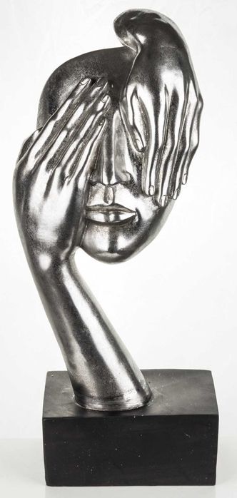 Srebrna figurka maska twarz zasłonięta dłońmi ozdoba na prezent 139219